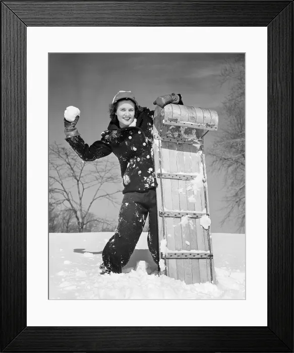 Framed Print : 1940s 1950s SMILING BRUNETTE WOMAN THROWING SNOWBALL HIDING BEHIND WOODEN TOBOGGAN - w1793 HAR001 HARS HIDING RURAL SLED SLEDDING HOME LIFE COPY SPACE FULL-LENGTH LADIES PERSONS CONFIDENCE SNOWY B&W WINTERTIME EYE CONTACT BRUNETTE HAPPINESS Framed Print : 1940s 1950s SMILING BRUNETTE WOMAN THROWING SNOWBALL HIDING BEHIND WOODEN TOBOGGAN - w1793 HAR001 HARS HIDING RURAL SLED SLEDDING HOME LIFE COPY SPACE FULL-LENGTH LADIES PERSONS CONFIDENCE SNOWY B&W WINTERTIME EYE CONTACT BRUNETTE HAPPINESS