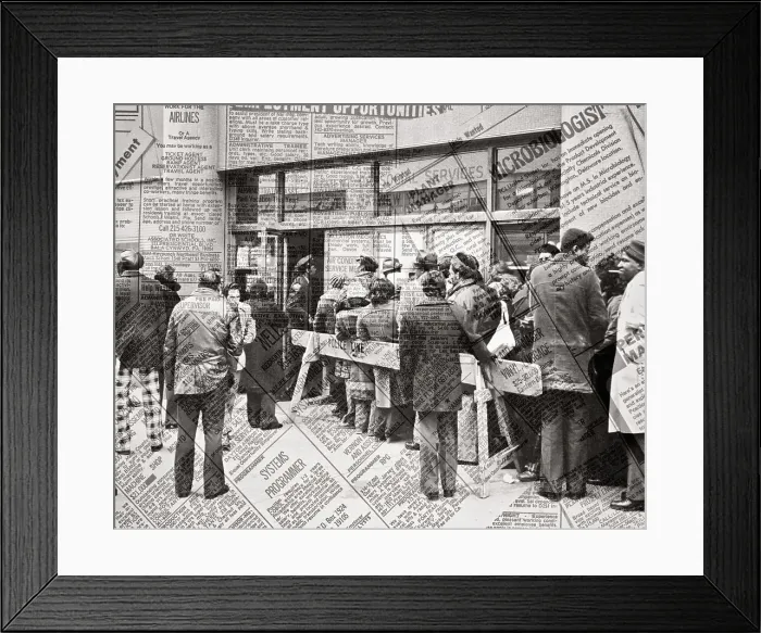 Framed Print : 1960s GROUP OF PEOPLE STANDING IN LINE ALONG STREET WITH NEWSPAPER ADS OF EMPLOYMENT SUPERIMPOSED DURING 1960 &1961 RECESSIONS - w6063 HAR001 HARS MONTAGE DIFFERENT LIFESTYLE FEMALES JOBS UNITED STATES COPY SPACE FULL-LENGTH LADIES PERSONS Framed Print : 1960s GROUP OF PEOPLE STANDING IN LINE ALONG STREET WITH NEWSPAPER ADS OF EMPLOYMENT SUPERIMPOSED DURING 1960 &1961 RECESSIONS - w6063 HAR001 HARS MONTAGE DIFFERENT LIFESTYLE FEMALES JOBS UNITED STATES COPY SPACE FULL-LENGTH LADIES PERSONS