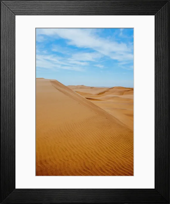Framed Print : Overview of the sand dunes of the Namib Desert in evening light near Swakomund, Namibia