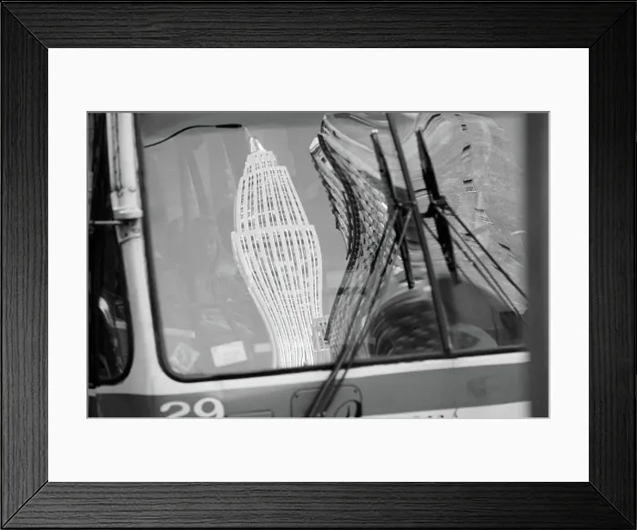 Framed Print : Empire State Building reflected on a bus windshield Framed Print : Empire State Building reflected on a bus windshield