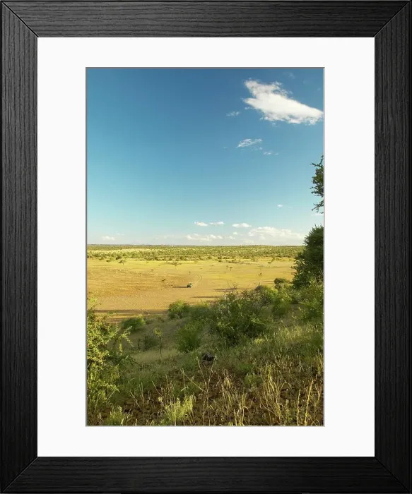 Framed Print : Land Rover in bushveld scene. Mashatu Game Reserve Framed Print : Land Rover in bushveld scene. Mashatu Game Reserve