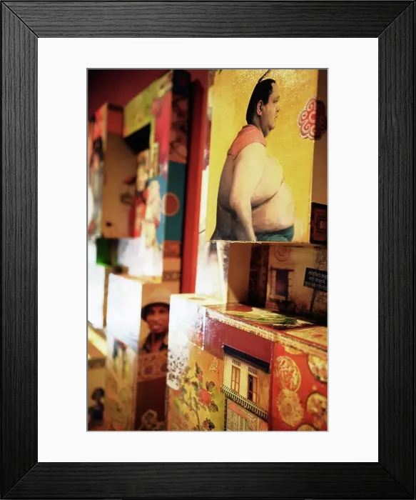 Framed Print : Collection of paper boxes decorated with Asian influenced illustrations Framed Print : Collection of paper boxes decorated with Asian influenced illustrations