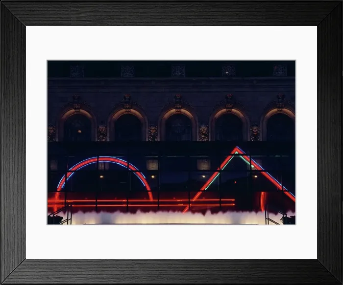 Framed Print : Bus stop lit up with neon lights in front of the Adolphus Hotel at night Framed Print : Bus stop lit up with neon lights in front of the Adolphus Hotel at night