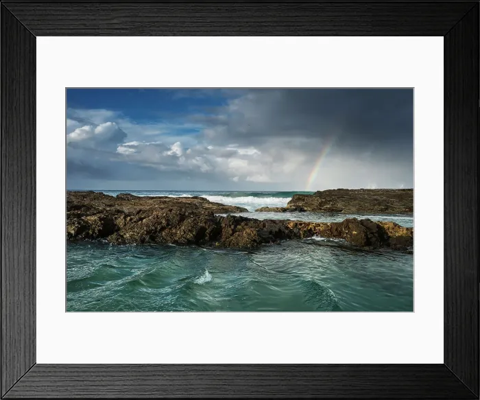 Framed Print : Rainbow in stormy weather on the coast Framed Print : Rainbow in stormy weather on the coast