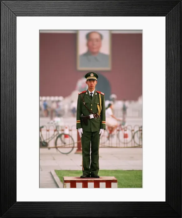 Framed Print : Chinese soldier standing on a platform in Tiananmen Square