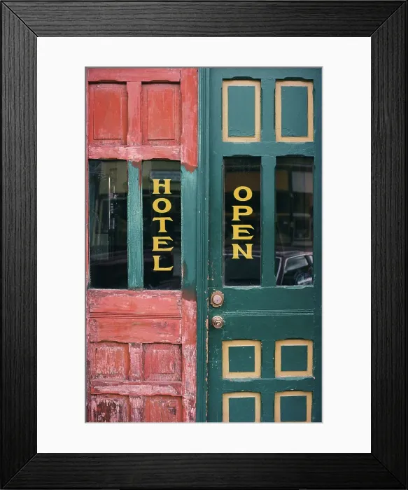 Framed Print : Old western hotel doors painted with the words Hotel and Open Framed Print : Old western hotel doors painted with the words Hotel and Open