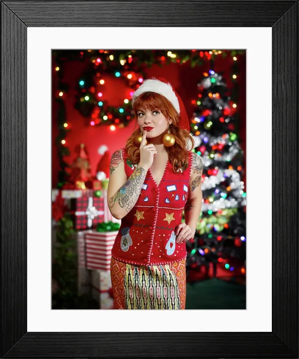 Framed Print : Portrait of woman in ugly Christmas sweater Framed Print : Portrait of woman in ugly Christmas sweater