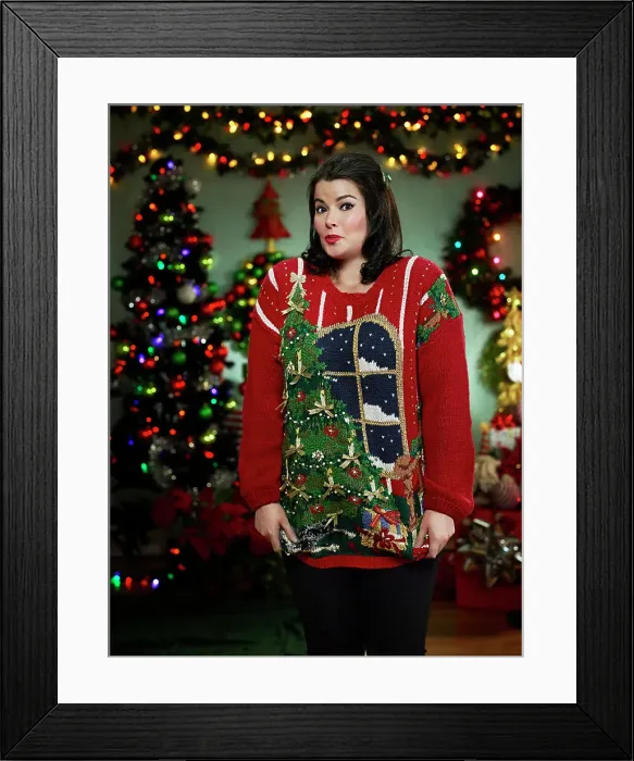 Framed Print : Portrait of woman in ugly Christmas sweater Framed Print : Portrait of woman in ugly Christmas sweater