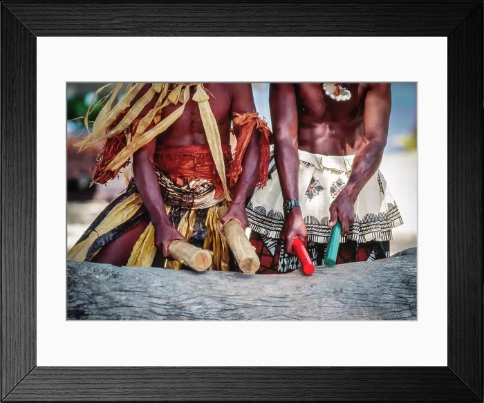 Framed Print : Two native Fijian men in traditional dress beating log ithe sticks making music Framed Print : Two native Fijian men in traditional dress beating log ithe sticks making music