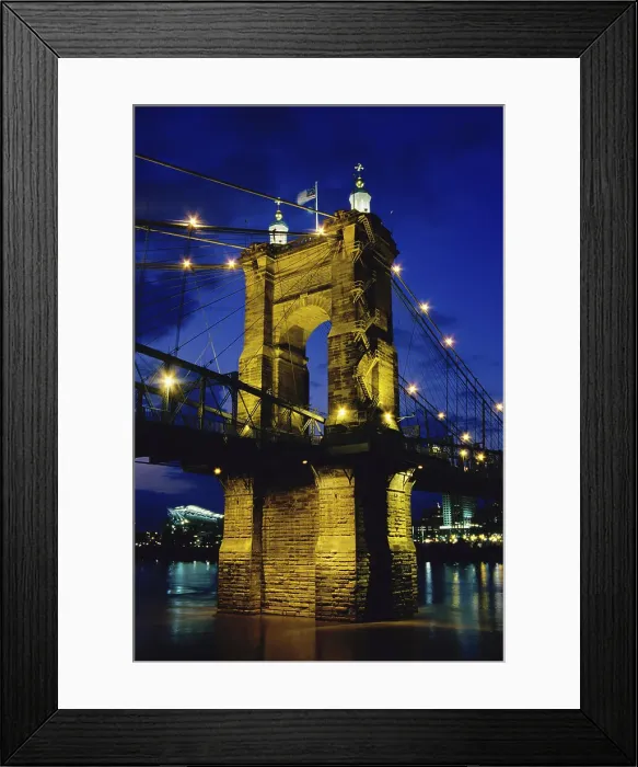 Framed Print : Low angle view of a suspension bridge lit up at night, Roebling Suspension Bridge, Cincinnati, Ohio Framed Print : Low angle view of a suspension bridge lit up at night, Roebling Suspension Bridge, Cincinnati, Ohio