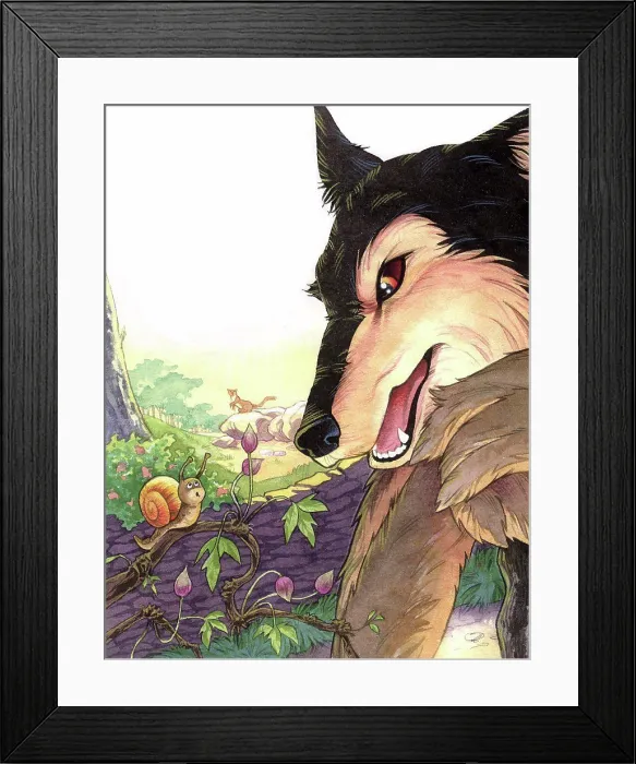 Framed Print : Wolf character looking at snail illustration. Watercolor and colored pencil Framed Print : Wolf character looking at snail illustration. Watercolor and colored pencil