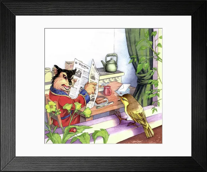Framed Print : wolf character reading paper
