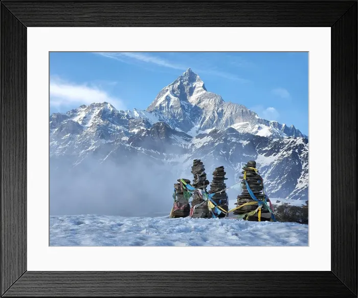 Framed Print : Trail markers along Annapurna Mountain range in Nepal