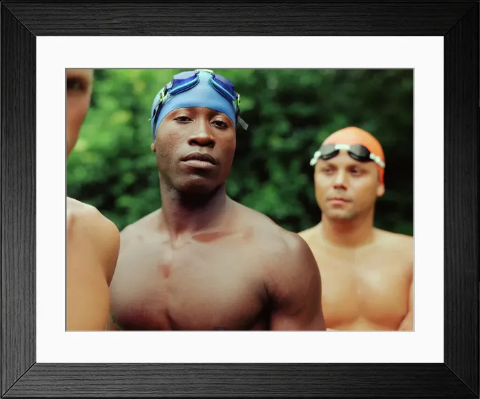 Framed Print : BLD038782. Multi-ethnic male swimmers outdoors Framed Print : BLD038782. Multi-ethnic male swimmers outdoors