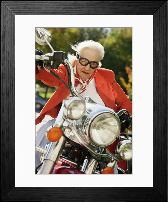 Framed Print : BLD016386. Elderly woman driving a motorcycle Framed Print : BLD016386. Elderly woman driving a motorcycle