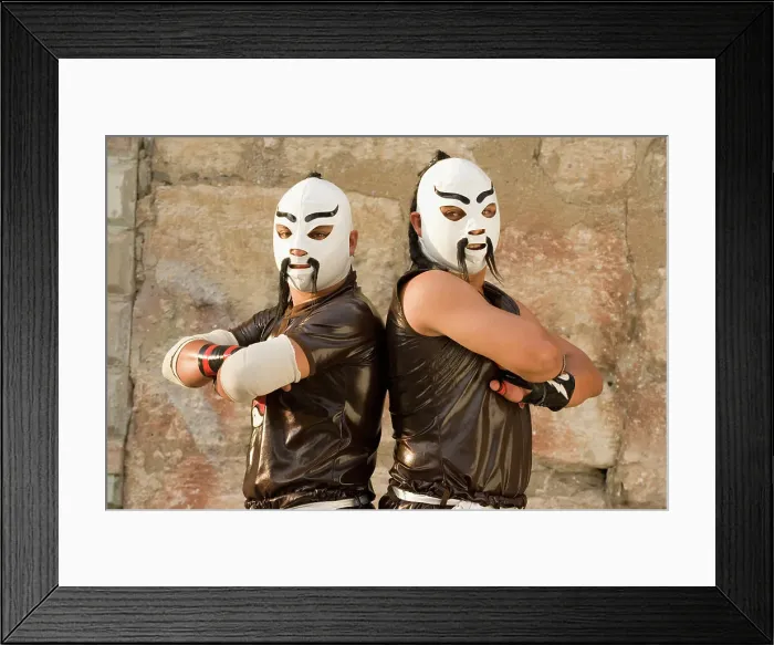 Framed Print : BLD069803. Hispanic men wearing Mexican wrestling costumes Framed Print : BLD069803. Hispanic men wearing Mexican wrestling costumes