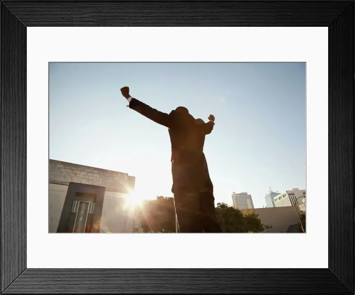 Framed Print : BLD101051. Businessman standing outdoors with arms raised Framed Print : BLD101051. Businessman standing outdoors with arms raised