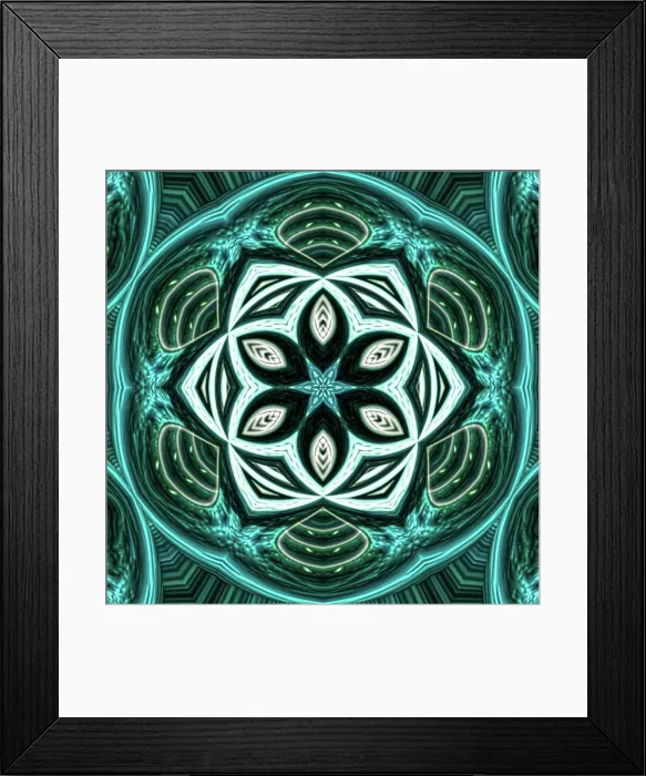 Framed Print : An abstract geometrical pattern created by applying fractal mirroring of a photo of an emerald jewel Framed Print : An abstract geometrical pattern created by applying fractal mirroring of a photo of an emerald jewel