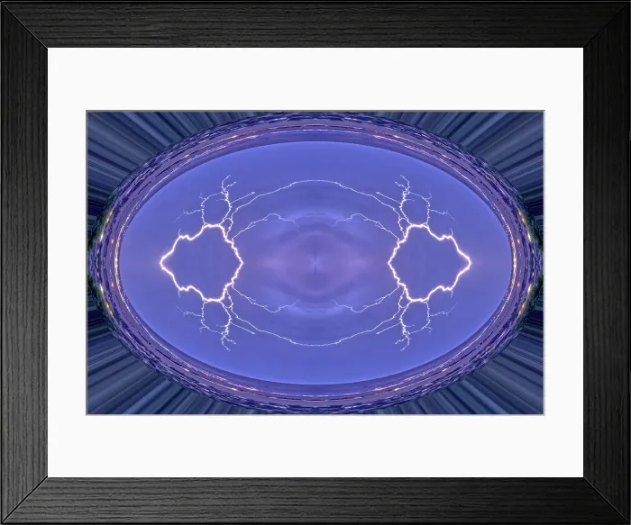 Framed Print : An abstract pattern depicting a portal into Hyperspace. Created by applying fractal mirroring to a lightning photo Framed Print : An abstract pattern depicting a portal into Hyperspace. Created by applying fractal mirroring to a lightning photo