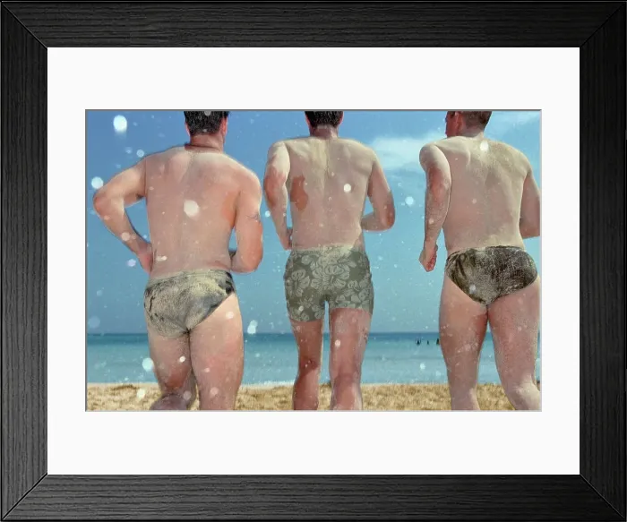 Framed Print : BLD189251. Men covered in sand running toward beach Framed Print : BLD189251. Men covered in sand running toward beach