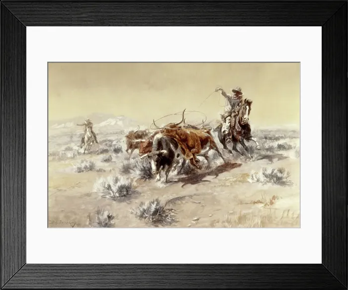 Framed Print : Roping The Longhorns by Russell Framed Print : Roping The Longhorns by Russell