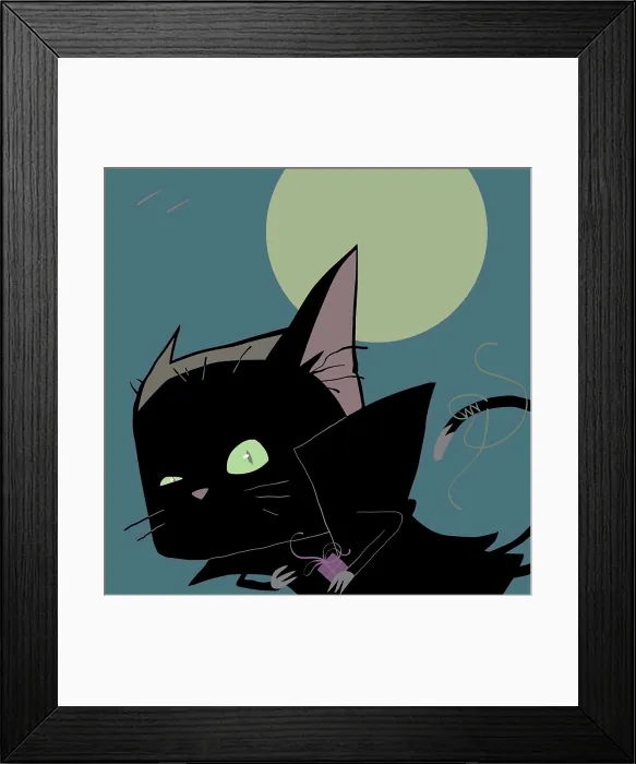 Framed Print : Christmas and Halloween cat looking at camera with moon behind digital illustration
