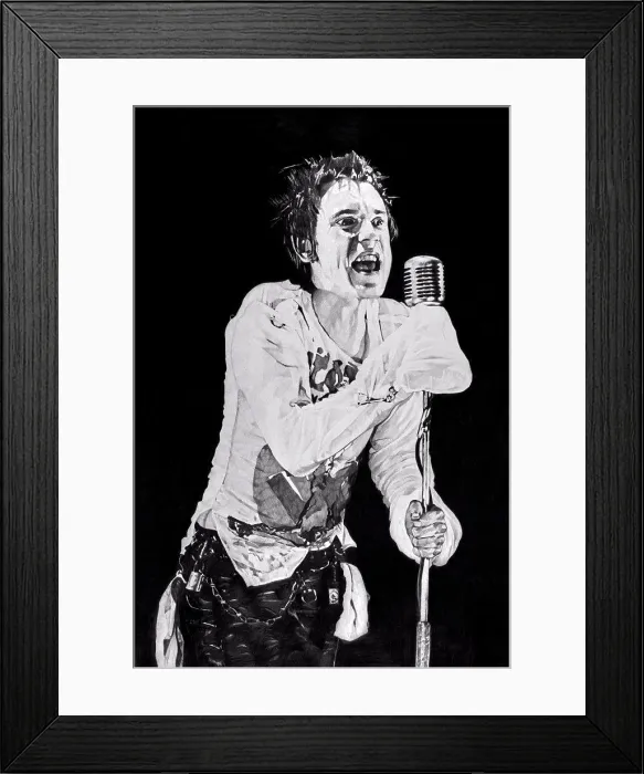 Framed Print : Jonny Rotten singing at microphone, pencil drawing