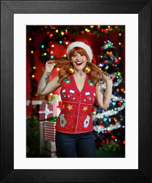 Framed Print : Portrait of woman in ugly Christmas sweater Framed Print : Portrait of woman in ugly Christmas sweater