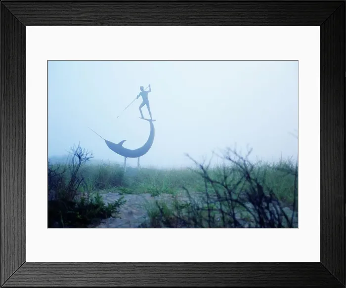 Framed Print : Sculpture depicting a man harpooning a narwhal on a foggy beach at Menemsha Harbor Framed Print : Sculpture depicting a man harpooning a narwhal on a foggy beach at Menemsha Harbor