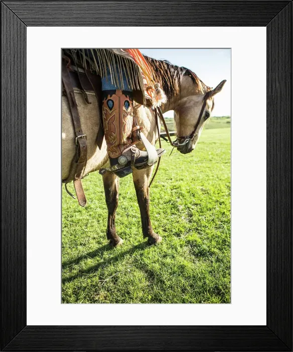 Framed Print : 4011-1350. Cowboys boots with spurs on horse in pasture