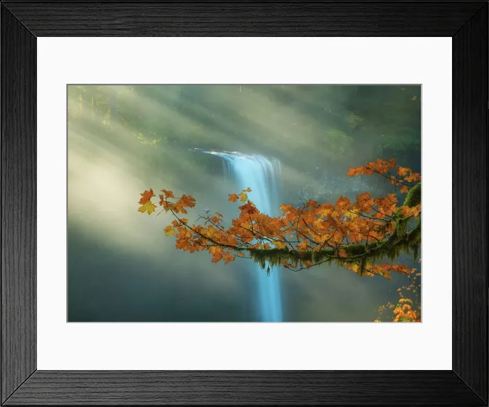 Framed Print : fall foliage and mist by a waterfall