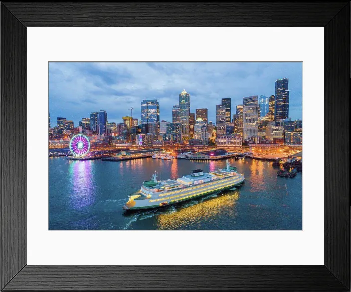 Framed Print : Seattle skyline, Ferris wheel and ferry boat Framed Print : Seattle skyline, Ferris wheel and ferry boat