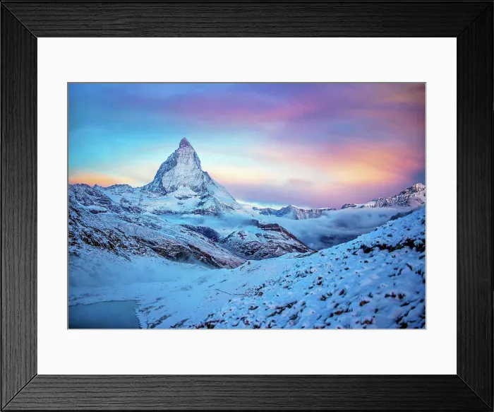 Framed Print : Zermatt, Matterhorn on a snowy morning at sunrise Framed Print : Zermatt, Matterhorn on a snowy morning at sunrise