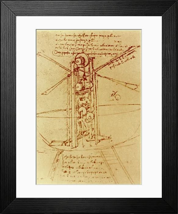 Framed Print : DRAWING OF A FLYING MACHINE WITH A MAN OPERATING IT PEN & INK Leonardo da Vinci 1452 d1519 Florentine Institut de
