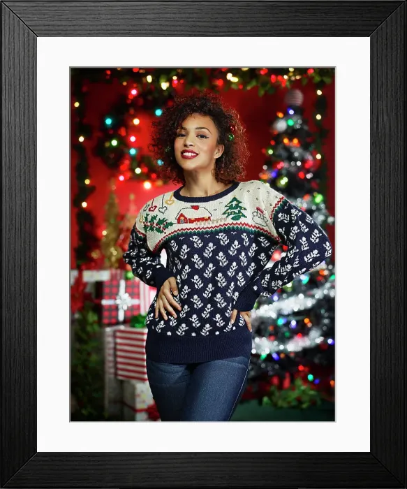 Framed Print : Portrait of woman in ugly Christmas sweater Framed Print : Portrait of woman in ugly Christmas sweater