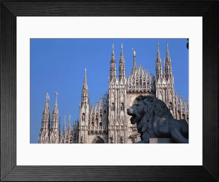 Framed Print : Lion statue in front of a cathedral Framed Print : Lion statue in front of a cathedral