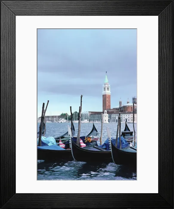 Framed Print : Gondolas moored and bell tower in the background Framed Print : Gondolas moored and bell tower in the background