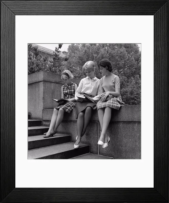 Framed Print : Tree young students sitting on wall and reading books