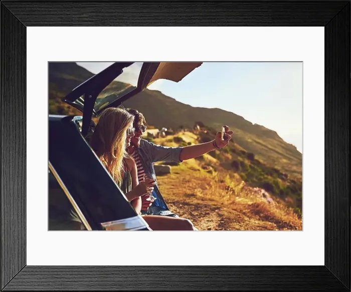 Framed Print : Roadtripping. a happy young couple posing for a selfie with their car on a roadtrip Framed Print : Roadtripping. a happy young couple posing for a selfie with their car on a roadtrip