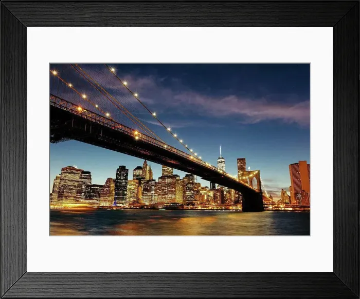 Framed Print : USA, New York, New York City, Manhattan, Brooklyn Bridge and skyline during a summer night Framed Print : USA, New York, New York City, Manhattan, Brooklyn Bridge and skyline during a summer night
