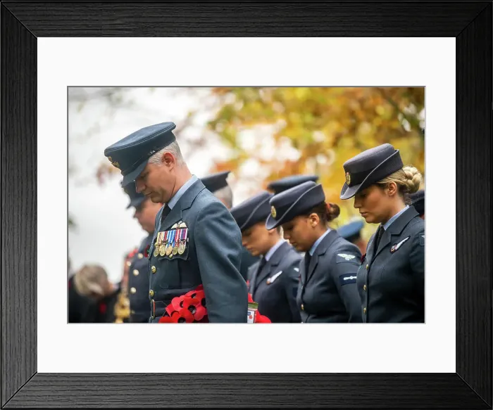 Framed Print : Members of the Royal Air Force bow their heads during a Remembrance Day ceremony at RAF Welford Framed Print : Members of the Royal Air Force bow their heads during a Remembrance Day ceremony at RAF Welford