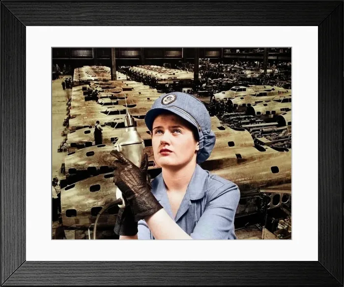 Framed Print : 1940s WOMAN ROSIE THE RIVETER SUPERIMPOSED OVER AIRPLANES IN FACTORY 1940s WARTIME WWII