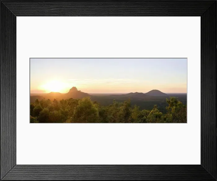 Framed Print : Panorama of sun rising over Glasshouse Mountains on the Sunshine Coast