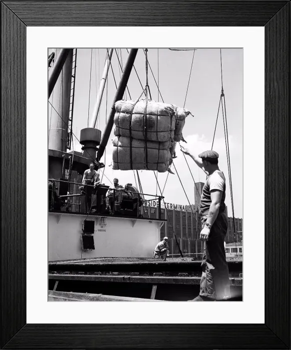 Framed Print : Dock workers unloading sacks from an industrial ship Framed Print : Dock workers unloading sacks from an industrial ship