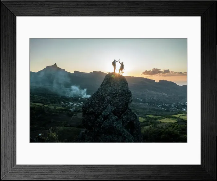 Framed Print : Aerial view of people climbing on Piton Jacob Peak mountain in Port Louis, Mauritius