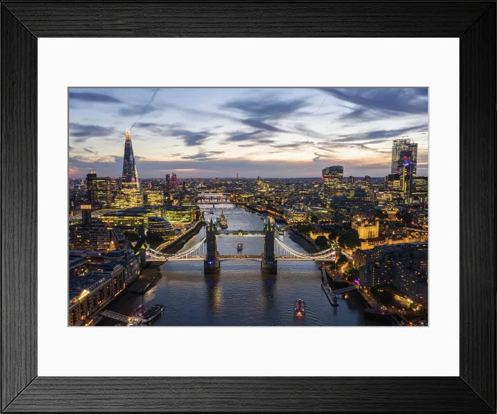 Framed Print : Aerial view of London bridge crossing the river Thames at sunset, United Kingdom