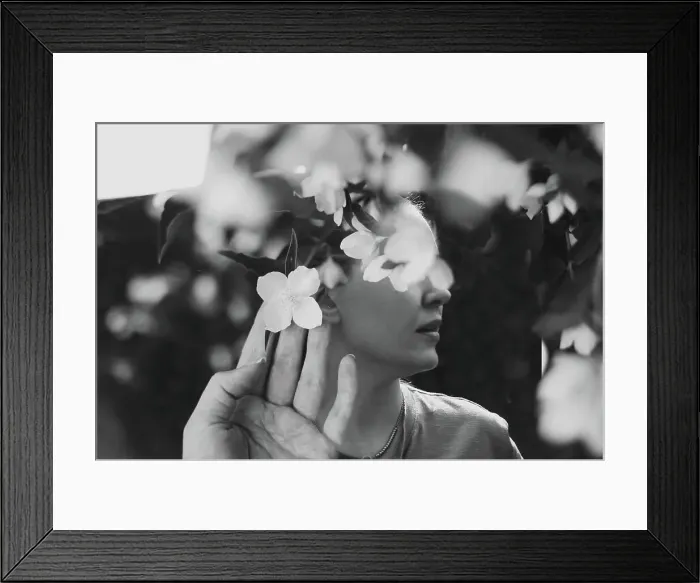 Framed Print : Abstract contemporary art collage black and white portrait of young woman with flowers on face hides her eyes Framed Print : Abstract contemporary art collage black and white portrait of young woman with flowers on face hides her eyes
