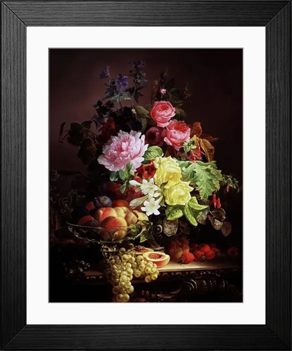 Framed Print : A Still Life of Roses, Lilies and Strawberries Francois Charette-Duval (ac.1836-1878 French)