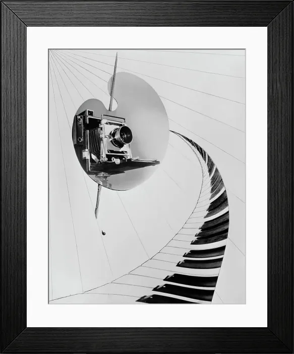 Framed Print : Collage with camera artist's palette and piano keys