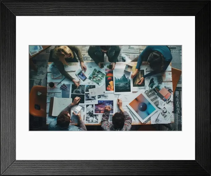 Framed Print : A group of people are sitting around a table with various pictures and objects on it